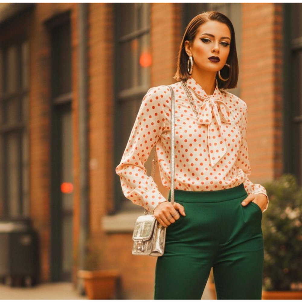 Vintage Shapely Polka Dot Bow Blouse